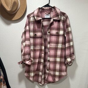 Old Navy Women's Pink and White Plaid Utility Jacket
